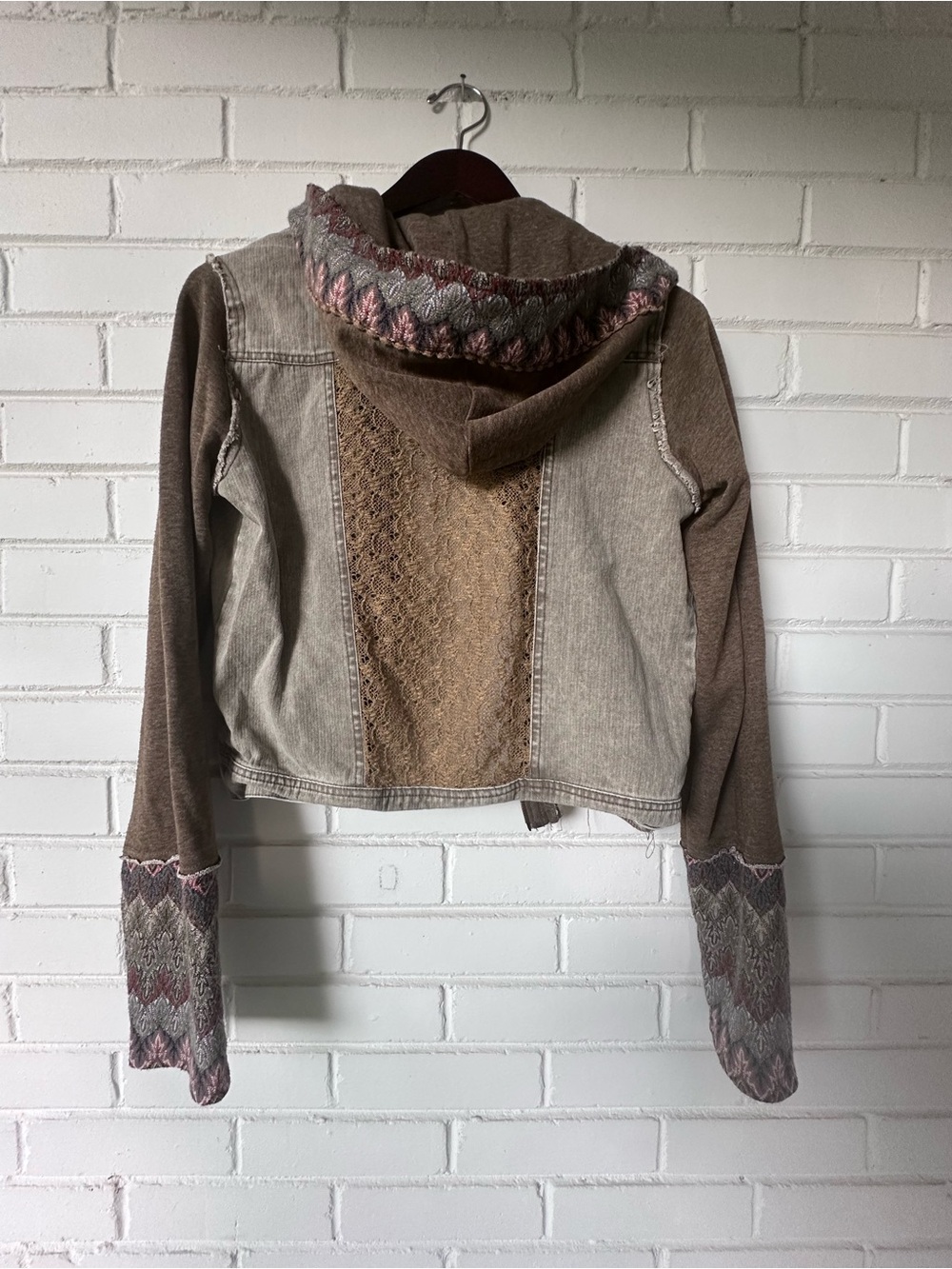 Miss Me Green Denim Mixed Media Jacket Large Sweatshirt Sleeve Patterned - Picture 5 of 9